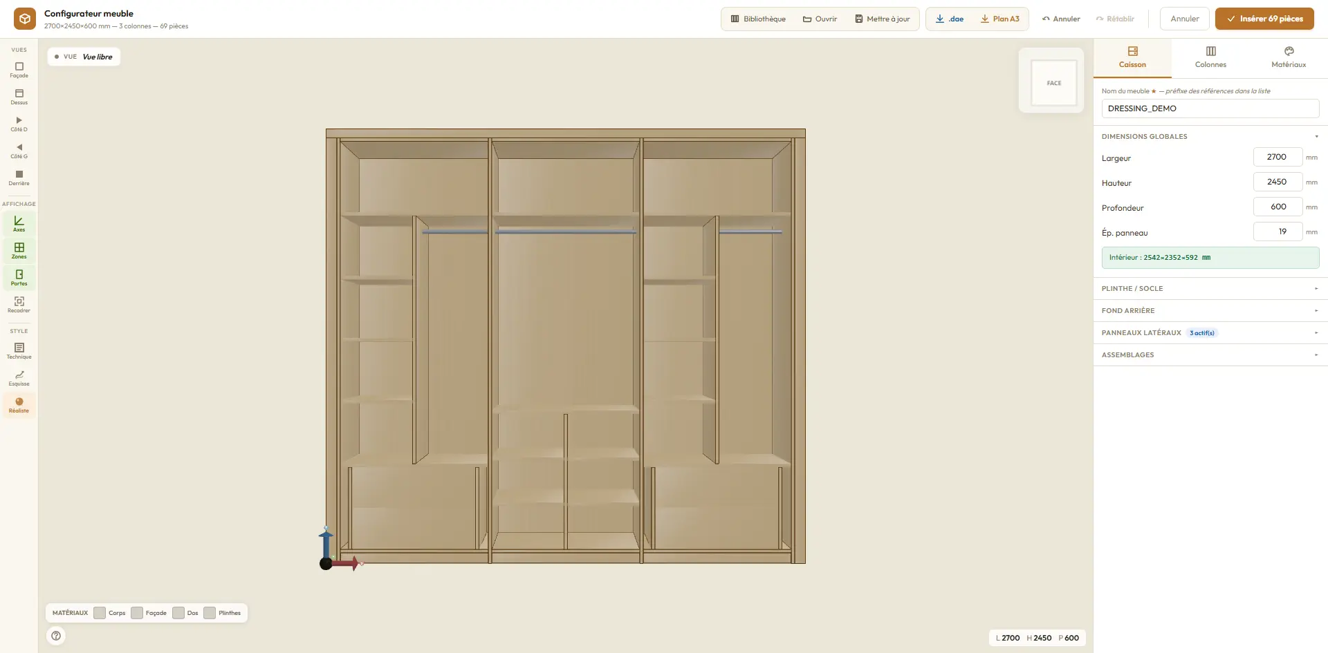 Configurateur 3D de meuble WoodNova : vue d'un dressing à 3 colonnes avec panneau de paramétrage des dimensions