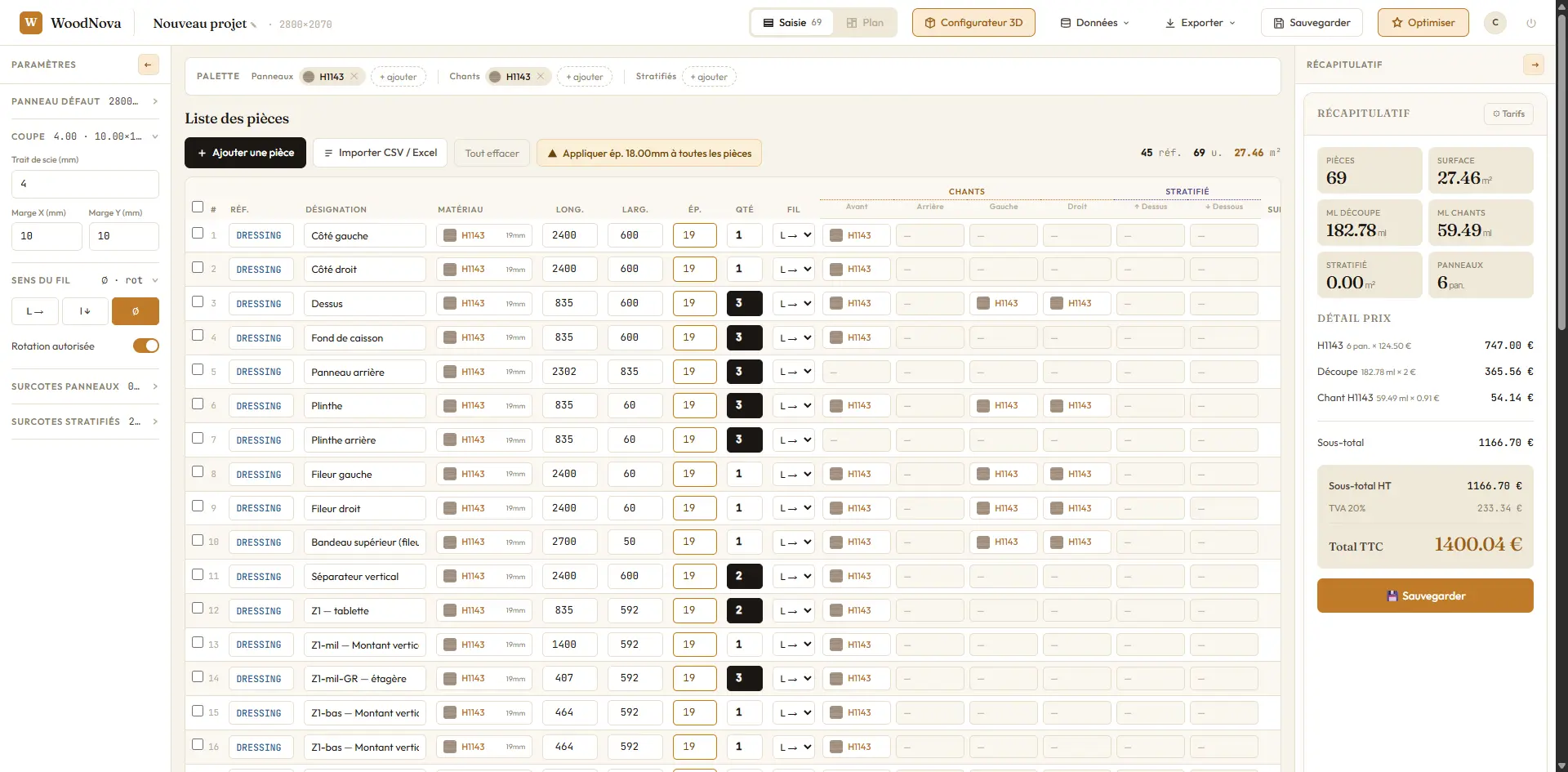 Interface de saisie de commande WoodNova : liste structurée de pièces avec dimensions, matériaux et récapitulatif tarifaire temps réel